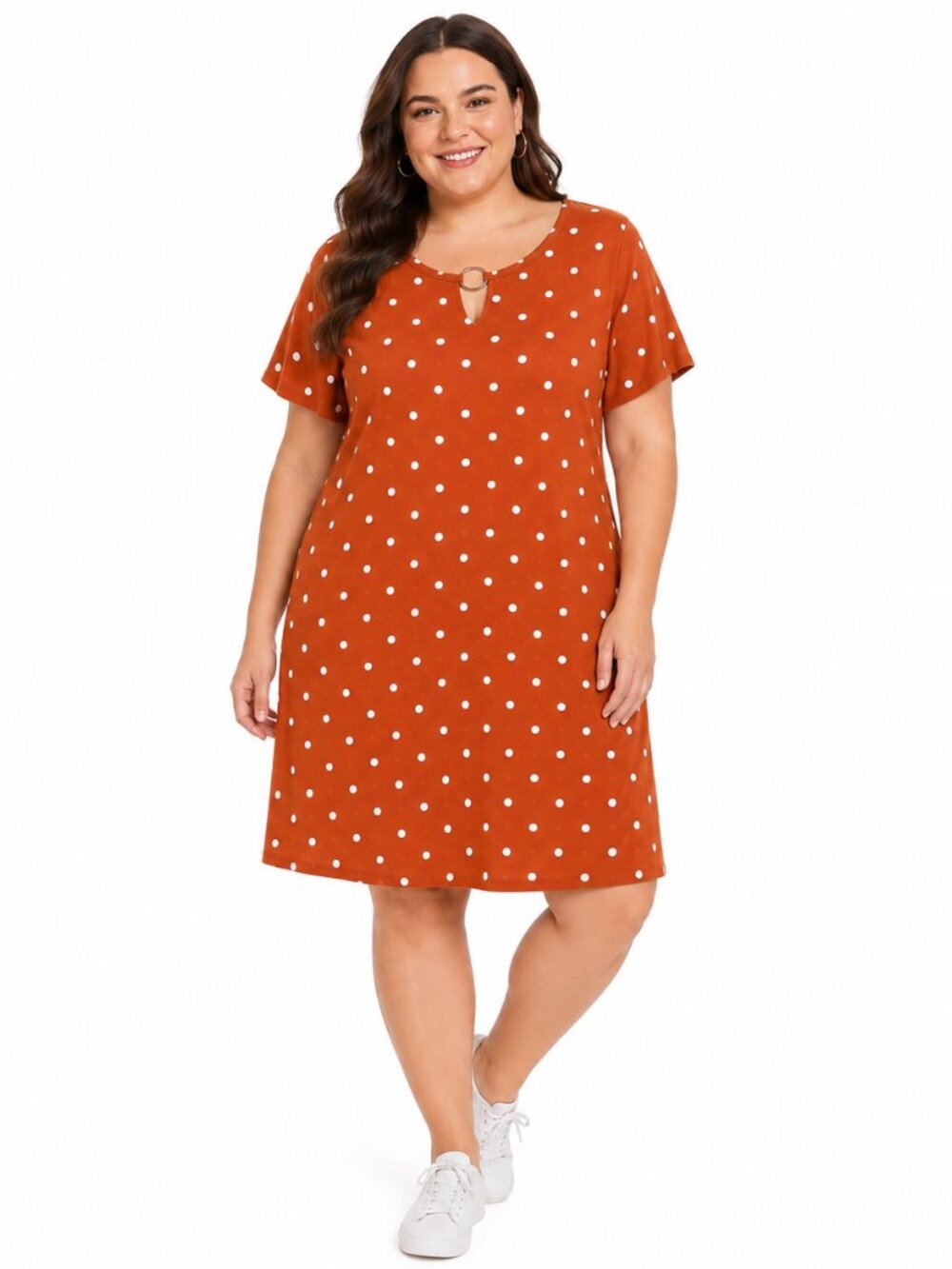 Jon & Anna Contemporary A-Line Dress Size 2X Rust White Polka Dots Stretch - Picture 5 of 5